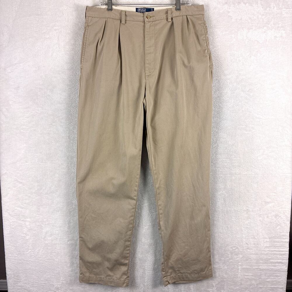 Vintage Polo Ralph Lauren Pants Men 35x32 Beige Andrew Pleated Chino Preppy 90s